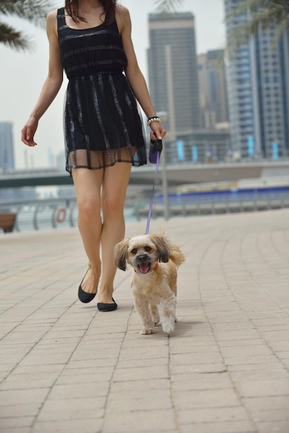 linda jovem feliz de vestido preto com cachorrinho fofo se divertir na rua