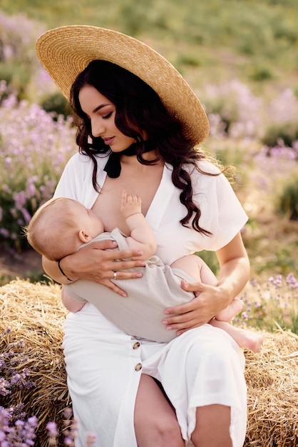 Linda jovem mãe amamentando bebê em um campo de lavanda