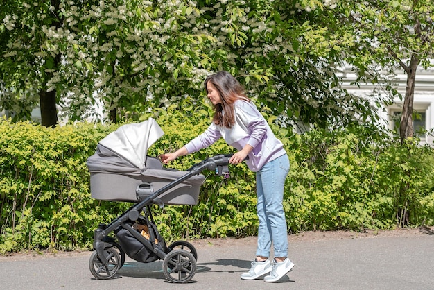 Linda jovem mãe com um carrinho de bebê no parque