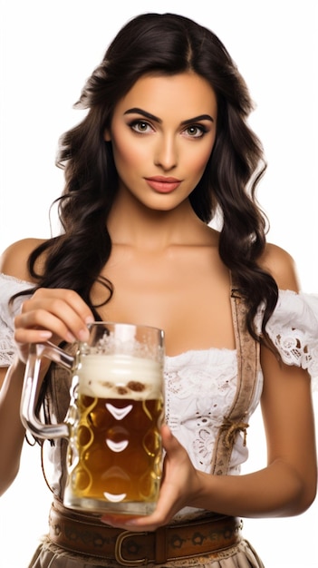 Linda jovem morena em bebidas Dirndl