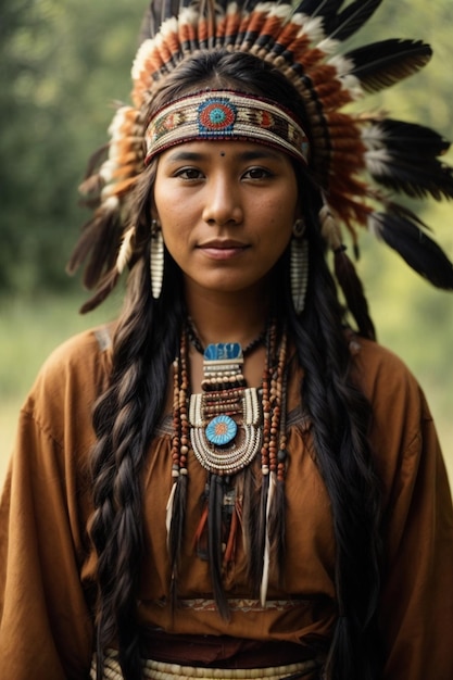 Linda jovem nativa americana em traje tradicional
