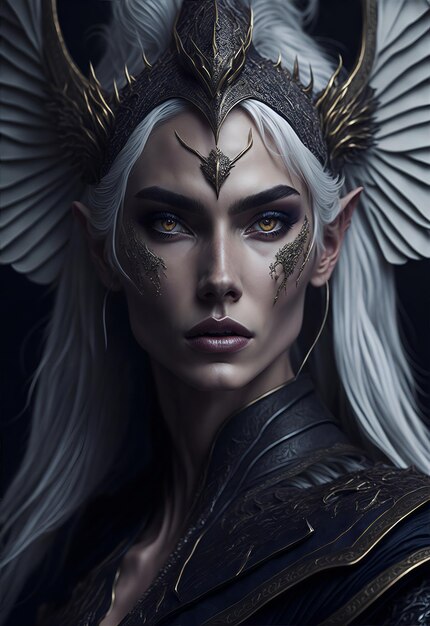 Linda jovem rainha dragão real com longos cabelos loiros platinados e asas de escama de dragão