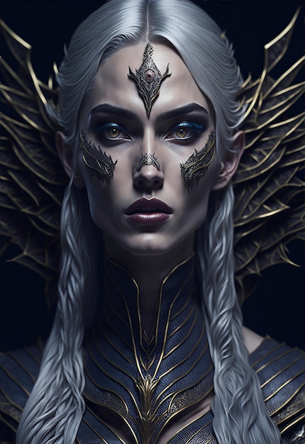 Linda jovem rainha dragão real com longos cabelos loiros platinados e asas de escama de dragão