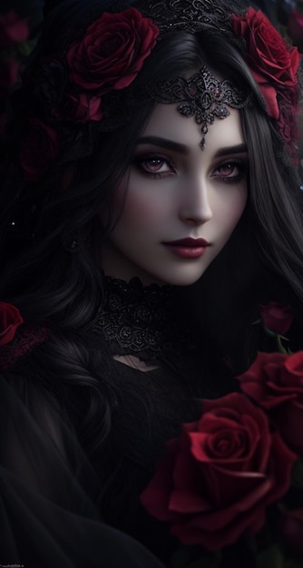 Linda jovem sombria com rosas vermelhas