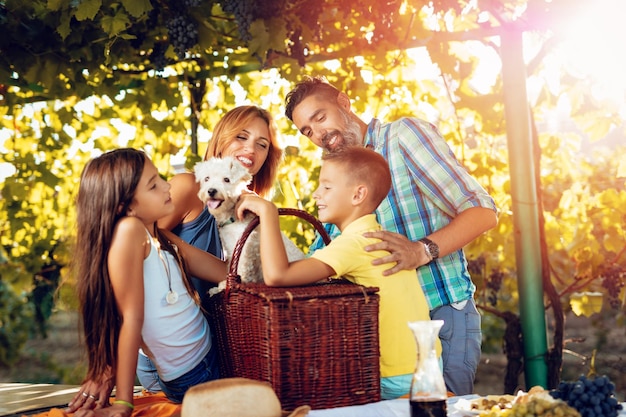 Linda jovem sorridente família de quatro com cachorro fazendo piquenique em um vinhedo.