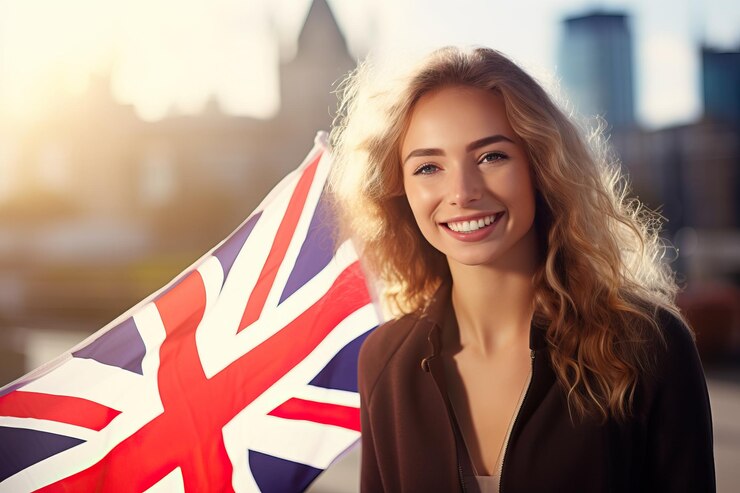Una linda joven británica y la bandera británica sonriendo independiente de Inglaterra