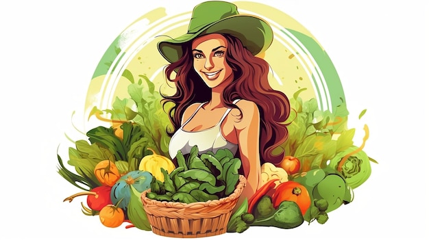 Linda joven granjera con una canasta de verduras frescas