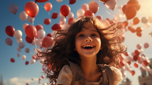 Una linda joven volando con un globo en el globo, un bonito cielo azul claro