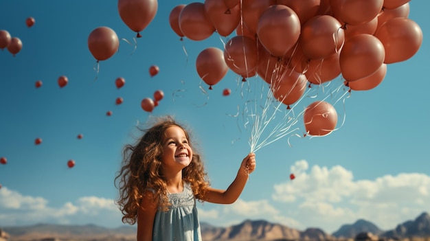 Una linda joven volando con un globo en el globo, un bonito cielo azul claro