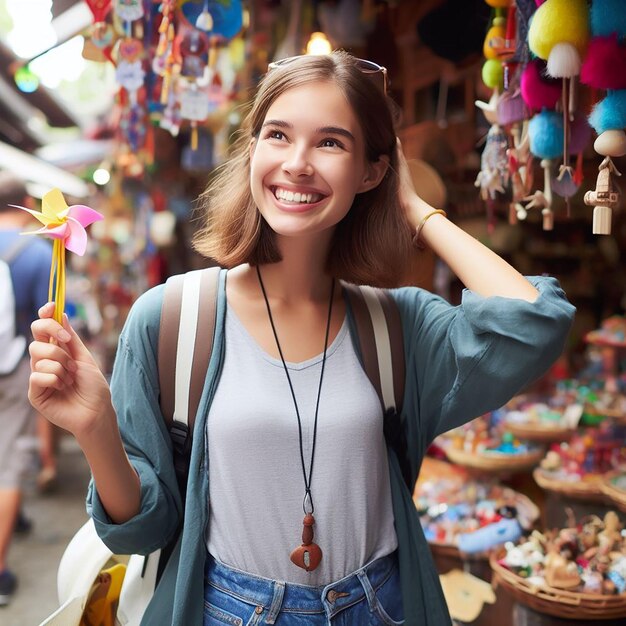 Foto linda jovencita en el mercado local viajando y comprando