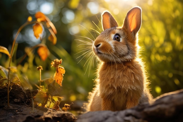 Linda liebre salvaje o conejo en el bosque a la luz del sol