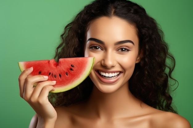 linda linda com sorriso radiante dentuça maquiagem perfeita senhora provando fatia de melancia gelada