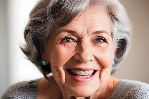 Foto linda linda mulher idosa modelo sênior dos anos 50, meia idade, com cabelos grisalhos e sorriso risonho