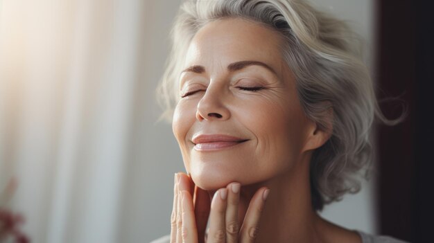 Linda linda mulher madura de 50 anos sorrindo isolada em fundo desfocado