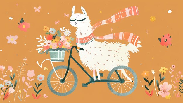 Foto una linda llama de dibujos animados con una bufanda anda en bicicleta a través de un campo de flores la llama es blanca con una nariz rosada y ojos azules