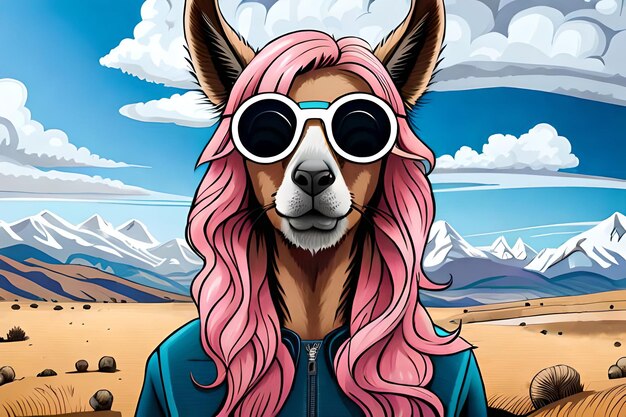 Linda llama con gafas en estilo de dibujos animados