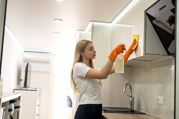 Linda loira em luvas especiais realiza limpeza geral em sua cozinha. Conceito de limpeza. O conceito de pureza