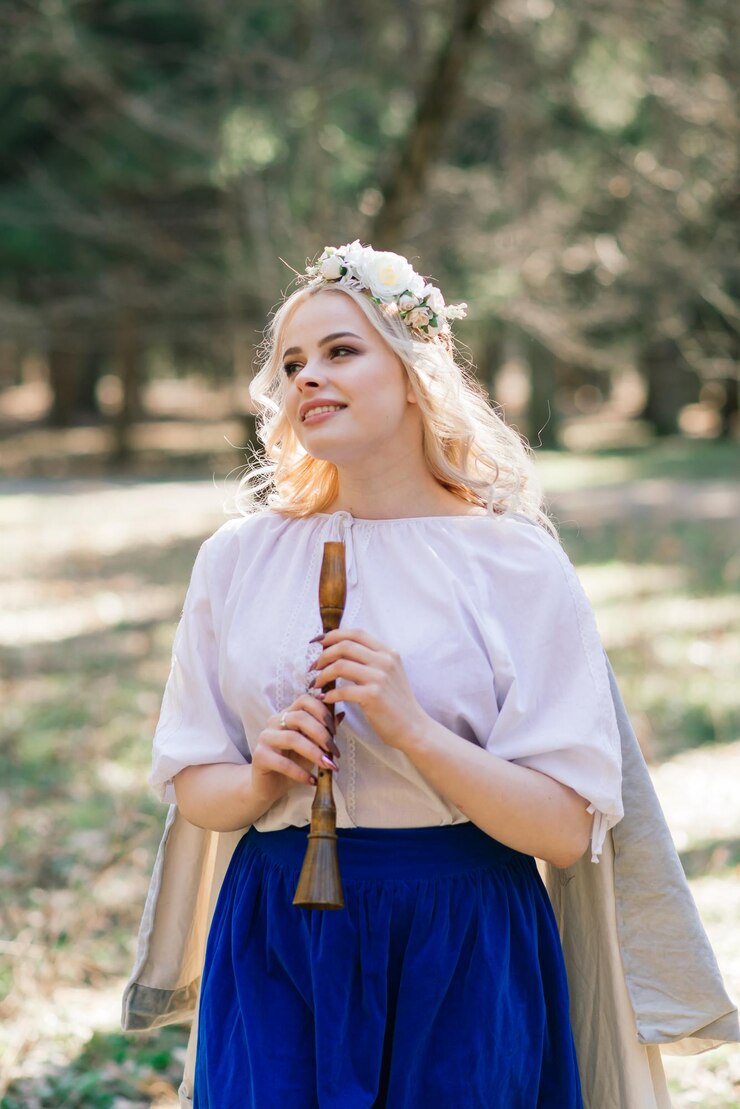 Foto linda loira em roupas eslavas tocando flauta e cachimbo na floresta de verão