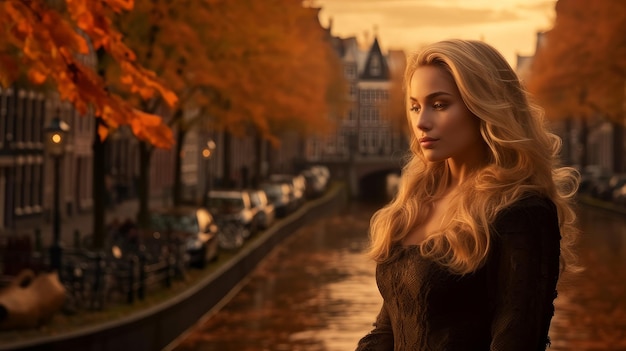Linda loira no outono em Amsterdã