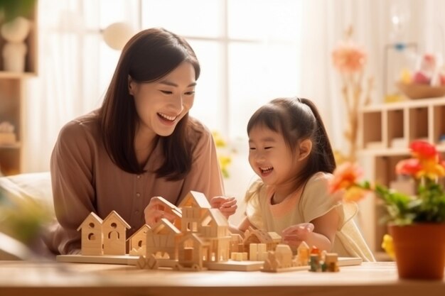 linda mãe asiática e sua filha brincando com brinquedos de madeira