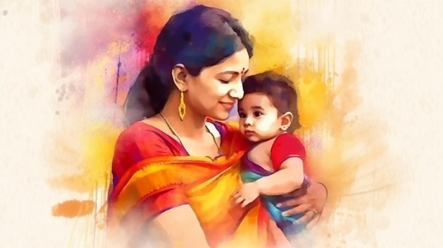 Linda mãe com uma criança colorida ilustração em aquarela feliz dia das mães Generative AI