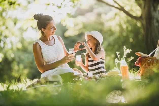 Linda mãe e sua filha fofa fazendo formato de coração no parque e aproveitando um dia de piquenique.