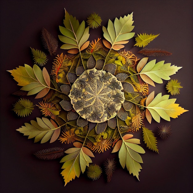 Linda mandala feita de folhas e plantas renderização 3d