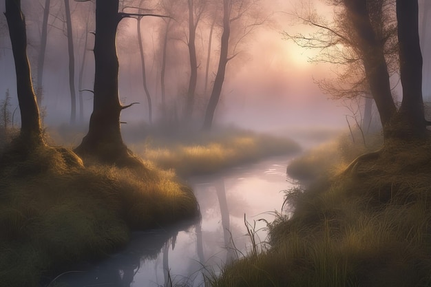 linda manhã de neblina em uma floresta com neblina e solbela manhã de neblina em uma floresta com neblina e sol