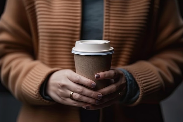 Linda mano de mujer sosteniendo una taza de café en blanco