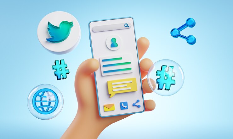 Foto linda mano sujetando los iconos de twitter de teléfono alrededor de renderizado 3d