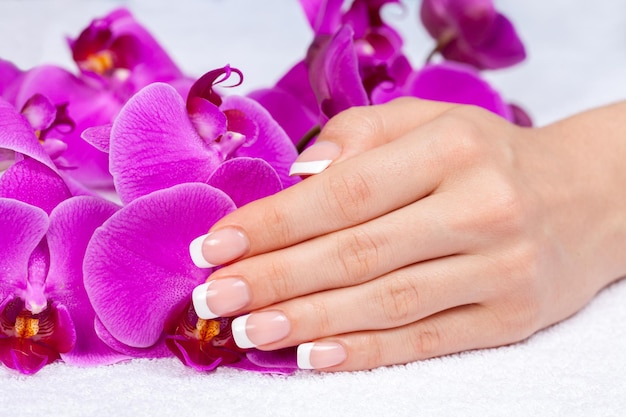 Linda mão feminina com manicure francesa em flores de orquídea roxas Salão de manicure