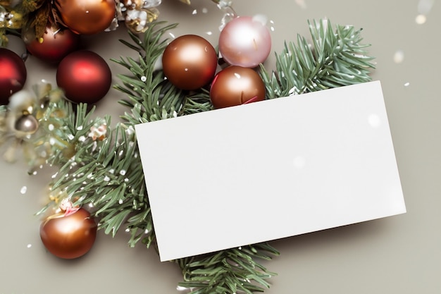 Linda maquete de um cartão branco com enfeites de Natal na lateral do cartão