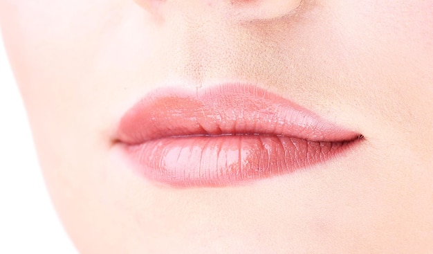 Linda maquiagem de lábios brilhantes, close-up