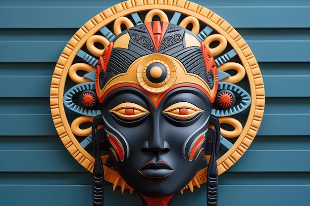 Linda máscara de madeira de mulher africana espiritual na parede closeup extremo IA generativa
