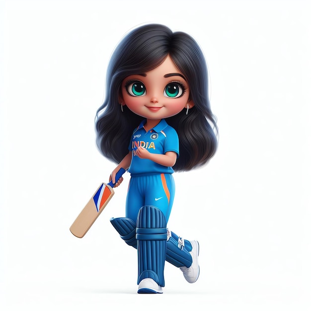 La linda mascota de la chica chibi india en la camiseta de cricket con murciélago en fondo blanco