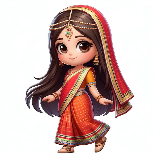 La linda mascota de la chica chibi india en un sari tradicional sobre un fondo blanco