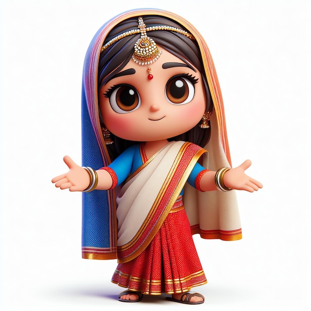 La linda mascota de la chica chibi india en un sari tradicional sobre un fondo blanco