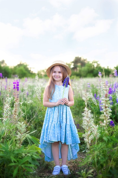 Linda menina com chapéu de palha segura uma flor de tremoço ao pôr do sol no campo de floração. Conceito de natureza. Infância feliz.