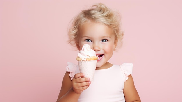 linda menina com sorvete em um fundo rosa