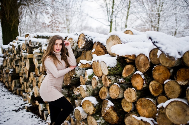 Linda menina morena em roupas quentes de inverno. Modelo de camisola de inverno perto de tronco.