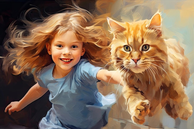 Linda menina ruiva sorridente correndo com gato Criança feliz e gatinho Estilo impressionista