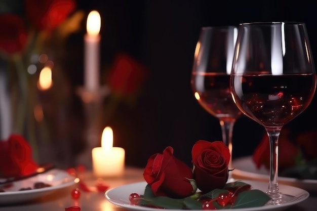 Linda mesa com copos de vinho, velas e rosas