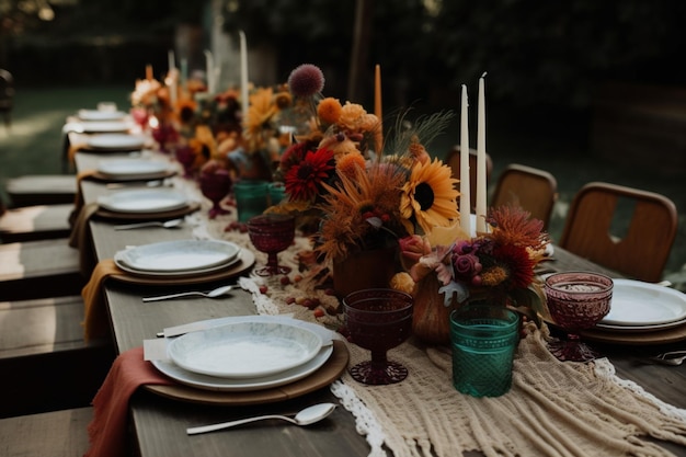 Linda mesa de banquete de casamento boho