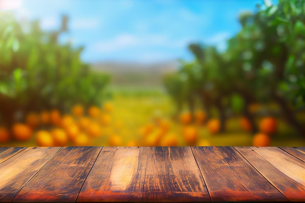 Linda mesa de madeira com espaço livre para sua decoração e laranjeiras com frutas à luz do sol gerada por IA