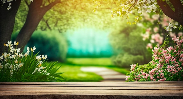 Linda mesa de madeira de fundo de primavera em um jardim verde Generative Ai