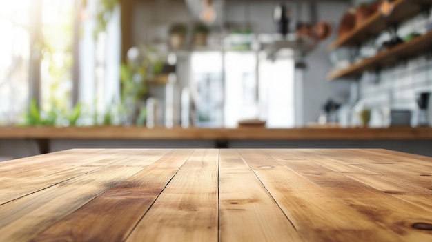 Foto linda mesa de madeira vazia e desfoque o fundo interior da cozinha moderna, limpo e brilhante