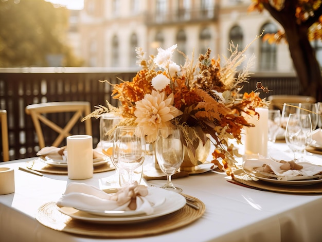 Linda mesa de outono com decoração de mesa de jantar de outono com flores e velas