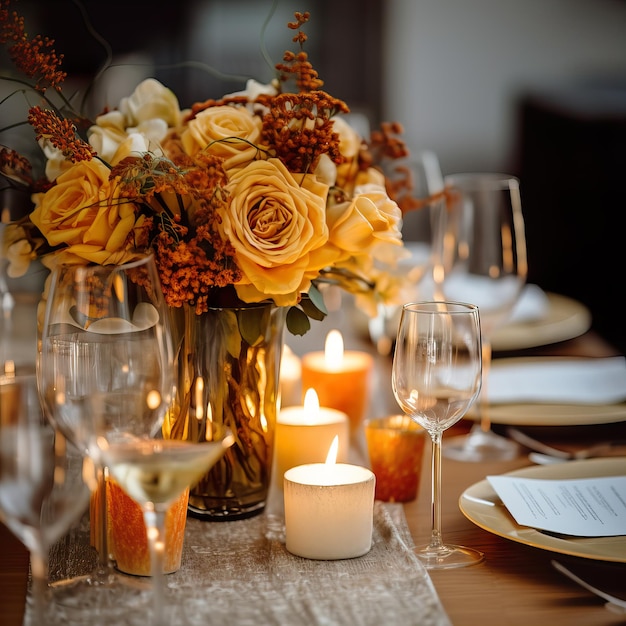 Linda mesa de outono com decoração de mesa de jantar de outono com flores e velas