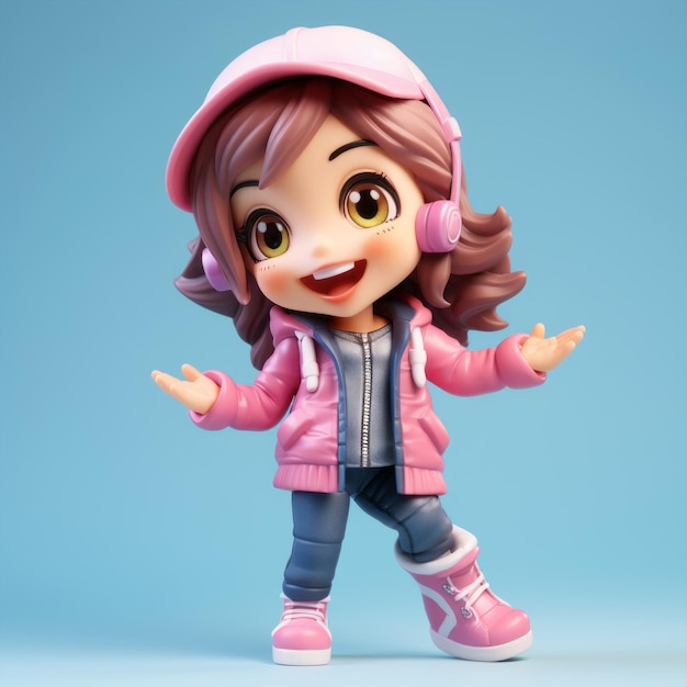 Linda mini chica como figura Funko Pop con chaqueta rosa y pantalones azul claro