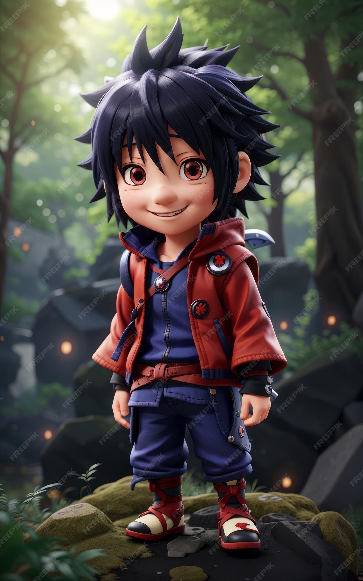 Linda miniatura ujiha sasuke estilo anime corpo inteiro fofo sorridente  motor irreal floresta detalhada